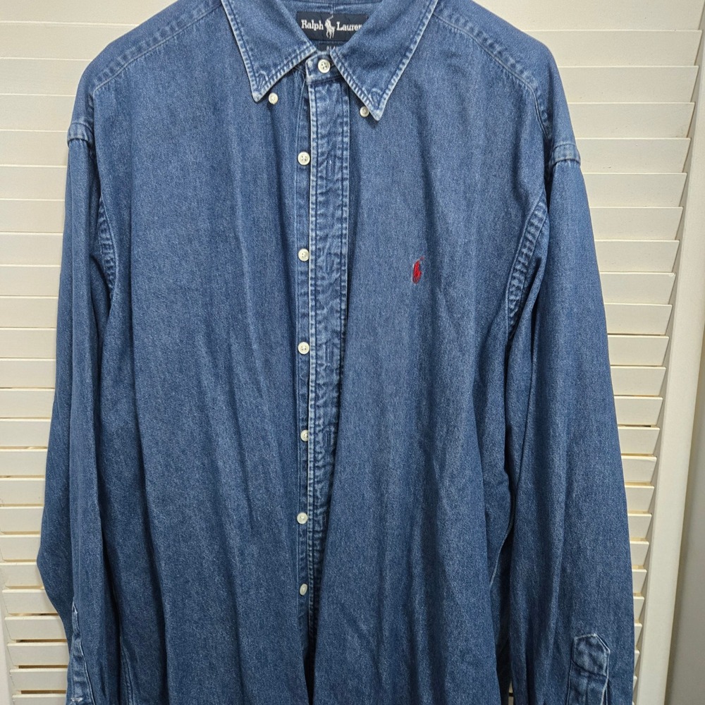Ralph Lauren Blaire Blue Denim Button Down Shirt Mens XL Red Pony Logo Cotton